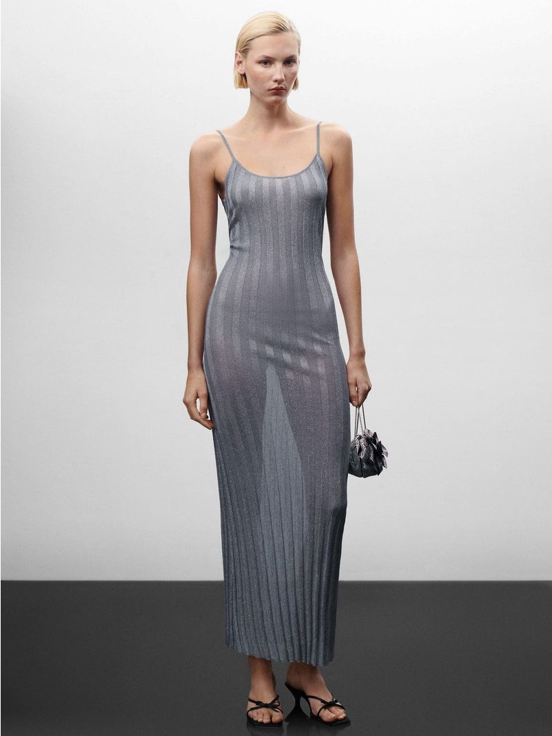 Mango Metallic Silver Ribbed Slip Maxi Dress